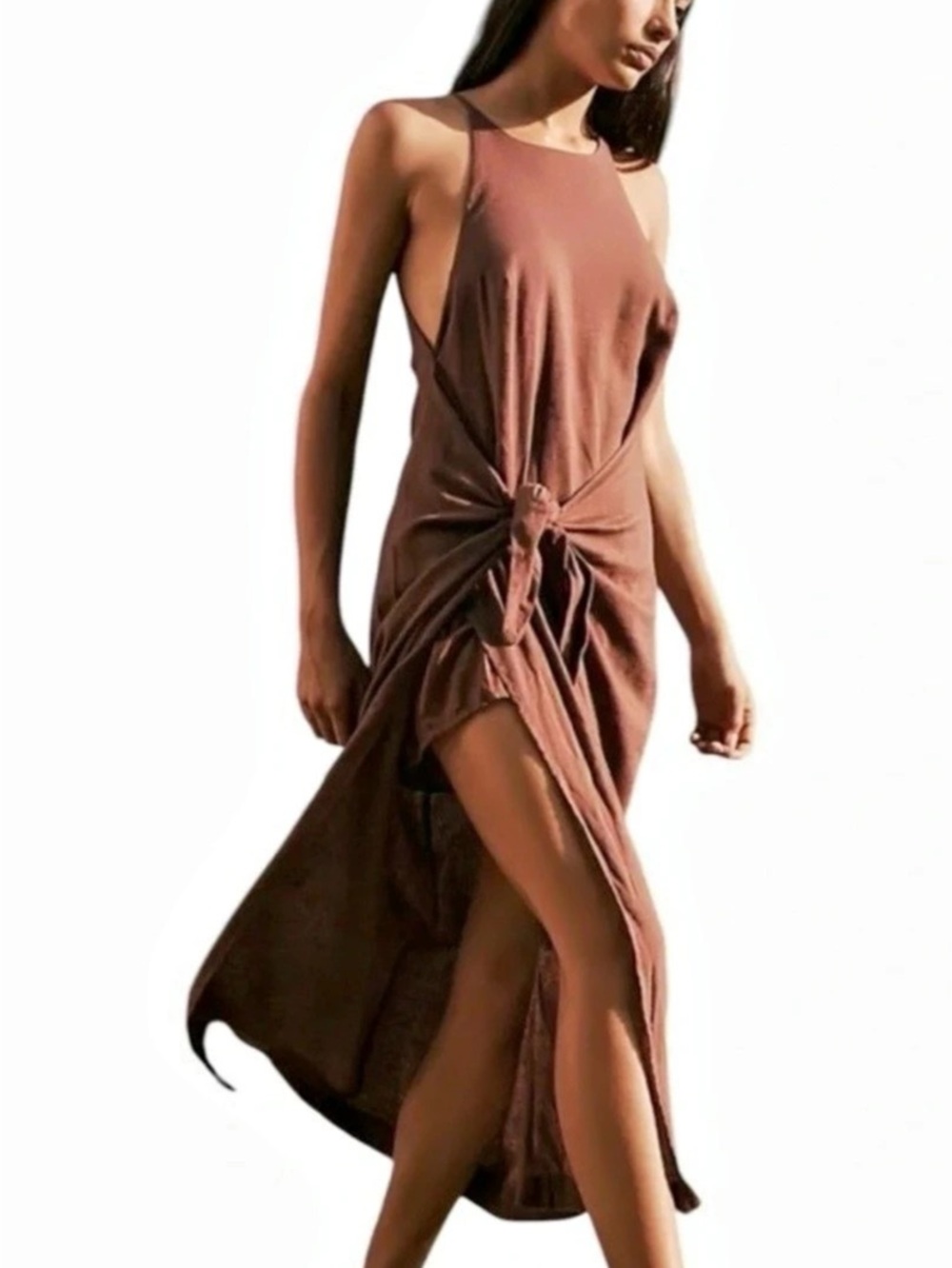Free People Call Me Midi Dress adjustable side-tie knot asymmetric slit hem